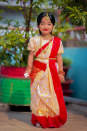 Ivory Gold Katan Silk Baby Ready Saree with Red Border, Stitched Blouse & Petticoat  Product Highlights