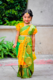 Yellow Green Katan Silk Baby Ready Saree - Image 2