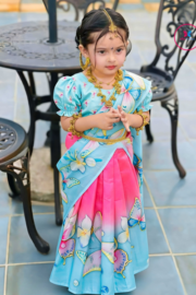 Turquoise Blue & Pink Floral Chanduri Silk Baby Ready Saree