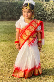 Bengali Heritage White & Red Half Silk Baby Saree - Image 2