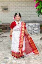 Bengali Heritage White & Red Half Silk Baby Saree