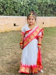 Bengali Heritage White & Red Half Silk Baby Saree - Image 3