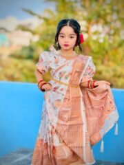 Elegant Peach Floral Printed Baby Ready Saree - Image 2