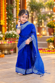 Regal Royal Blue Baby Ready Saree for Girls | Silver Border Traditional Festive Wear