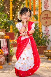 Vermilion Red & White Baby Ready Saree Set for Girls | Traditional Festive Kids Ethnic Wear