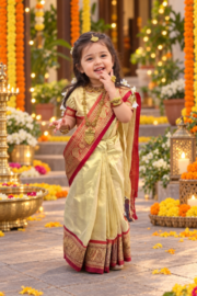 Champagne Gold Lama Silk Baby Ready Saree Set for Girls | Maroon Border Traditional Festive Wear