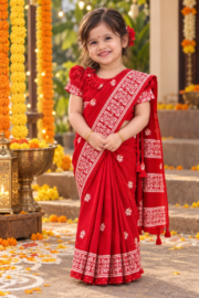 Scarlet Red Half Silk Hand Print Baby Ready Saree for Girls | Traditional Festive Kids Wear