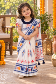 Ivory White Half Silk Hand Print Baby Ready Saree for Girls | Navy Blue Ethnic Festive Wear