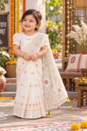 Premium Soft Cotton Kids Saree | Cream Tone Skin Print Traditional Dress
