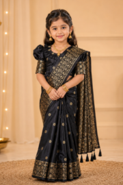 Royal Black Japan Silk Baby Ready Saree Set with Antique Gold Printed Design