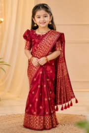 Royal Maroon Japan Silk Baby Ready Saree Set with Golden Printed Traditional Design