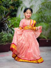 Peach Lama Silk Kids Lehenga Set with Adjustable Dupatta – Festive Wear for Girls - Image 4