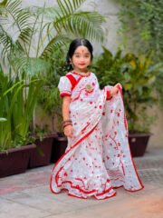 Graceful White Cotton Baby Ready Saree Set with Red Skin Printed Traditional Pattern - Image 4