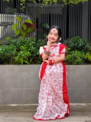 Graceful White Cotton Baby Ready Saree Set with Red Skin Printed Traditional Pattern - Image 3