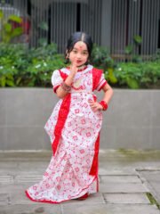 Graceful White Cotton Baby Ready Saree Set with Red Skin Printed Traditional Pattern - Image 2