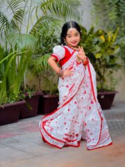 Elegant White Cotton Baby Ready Saree Set with Red Skin Printed Traditional Design - Image 4