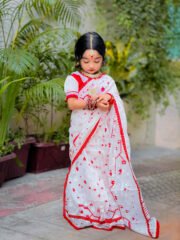 Elegant White Cotton Baby Ready Saree Set with Red Skin Printed Traditional Design - Image 3