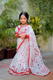 Elegant White Cotton Baby Ready Saree Set with Red Skin Printed Traditional Design