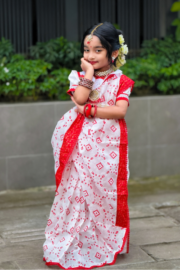 Graceful White Cotton Baby Ready Saree Set with Red Skin Printed Traditional Pattern