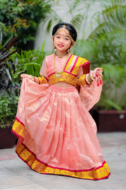 Peach Lama Silk Kids Lehenga Set with Adjustable Dupatta – Festive Wear for Girls