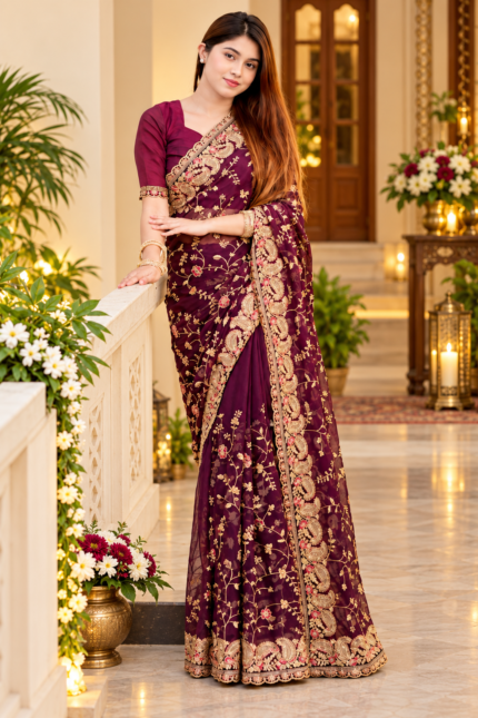 Deep Maroon Embroidered Indian Weight Lace Georgette Saree for Women