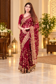Maroon Embroidered Indian Weight Lace Georgette Saree for Women.