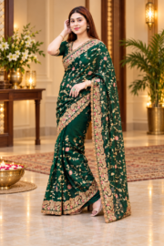 Emerald Green Embroidered Indian Weight Lace Georgette Saree for Women.