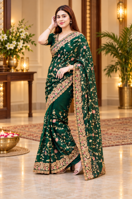Emerald Green Embroidered Indian Weight Lace Georgette Saree for Women.