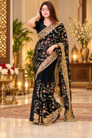 Black Embroidered Zari Work Indian Weight Lace Georgette Saree for Women