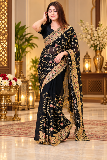 Black Embroidered Zari Work Indian Weight Lace Georgette Saree for Women