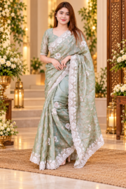 Sage Green Floral Embroidered Jimmy Choo Saree for Women.