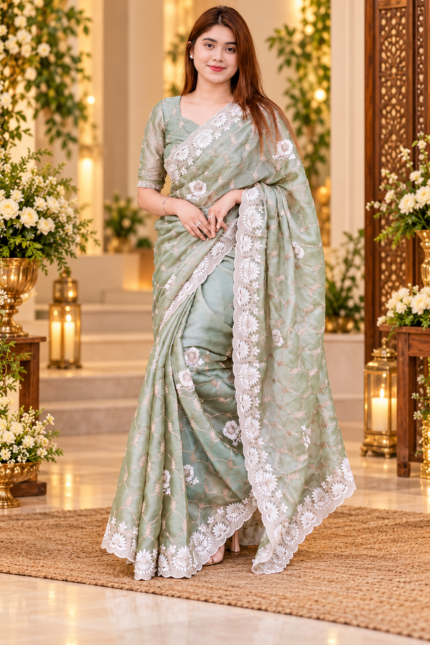 Sage Green Floral Embroidered Jimmy Choo Saree for Women.