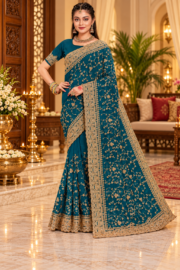 Luxury Designer Saree with Floral Embroidery, Golden Zari & Thread Work