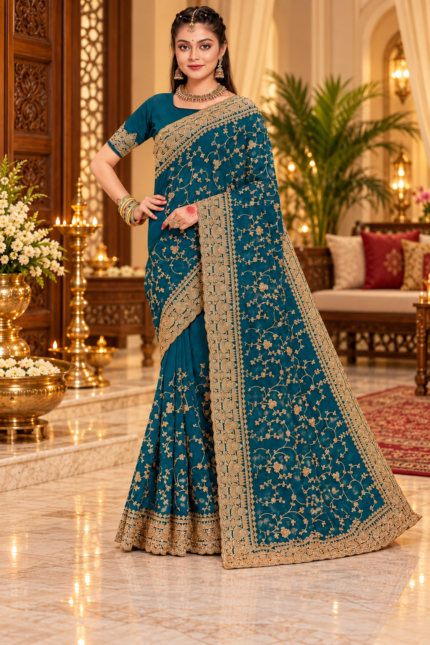 Luxury Designer Saree with Floral Embroidery, Golden Zari & Thread Work