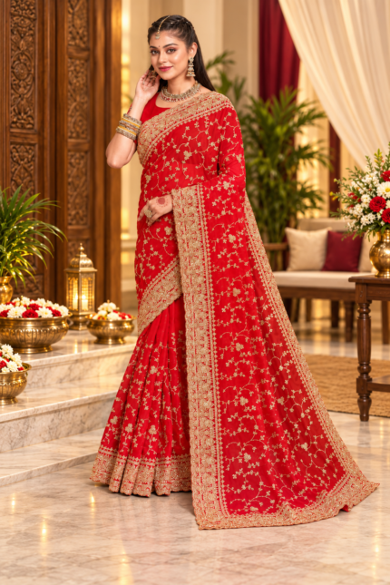 Majestic Red Georgette Saree with Golden Vine Embroidery & Heritage Zari Border.