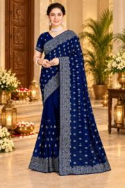 Classic Navy Georgette Saree with Silver Zari Motifs & Ornate Paisley Border