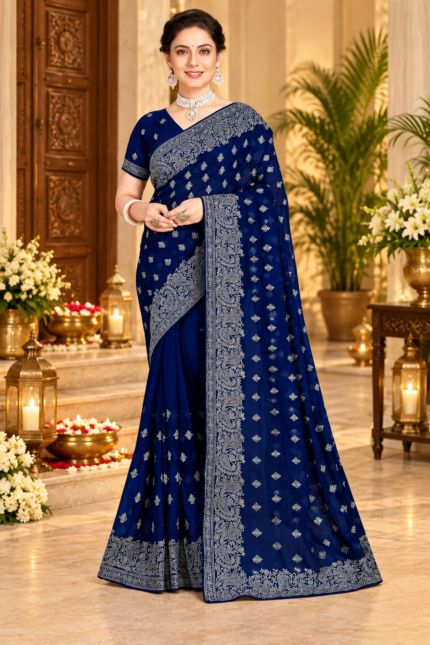 Classic Navy Georgette Saree with Silver Zari Motifs & Ornate Paisley Border