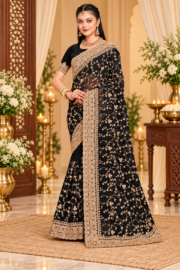 Opulent Black Georgette Saree with Golden Botanical Embroidery & Scalloped Zari Border