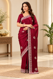 Graceful Crimson Georgette Saree with Silver Floral Motifs & Delicate Lace Border.
