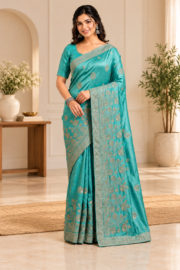 Elegant Aqua Georgette Saree with Metallic Floral Embroidery & Botanical Zari Border.