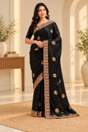 Timeless Black Georgette Saree with Rose Gold Floral Embroidery & Decorative Lace Border.