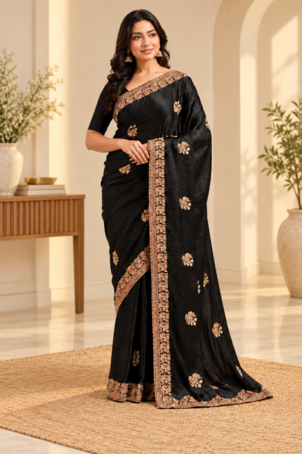 Timeless Black Georgette Saree with Rose Gold Floral Embroidery & Decorative Lace Border.