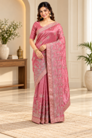 Radiant Rose Pink Georgette Saree with Silver Floral Zari & Ornate Botanical Border.