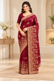 Refined Blush Pink Georgette Saree with Silver Geometric Motifs & Intricate Zari Border - Image 2