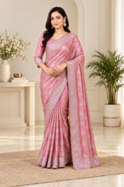 Refined Blush Pink Georgette Saree with Silver Geometric Motifs & Intricate Zari Border