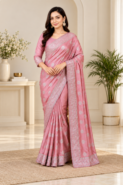 Refined Blush Pink Georgette Saree with Silver Geometric Motifs & Intricate Zari Border