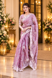 Dusty Lavender Floral Embroidered Jimmy Choo Saree for Women.